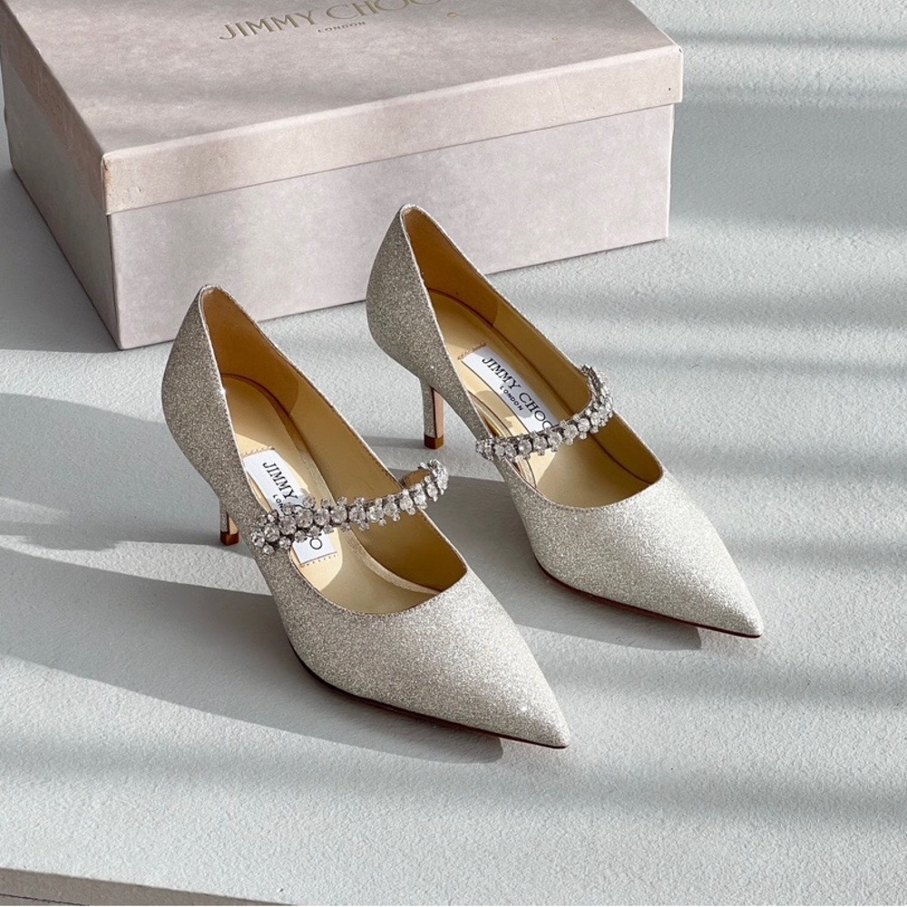 Jimmy Choo Silver Glitter Crystal-Strap Pointed Pumps